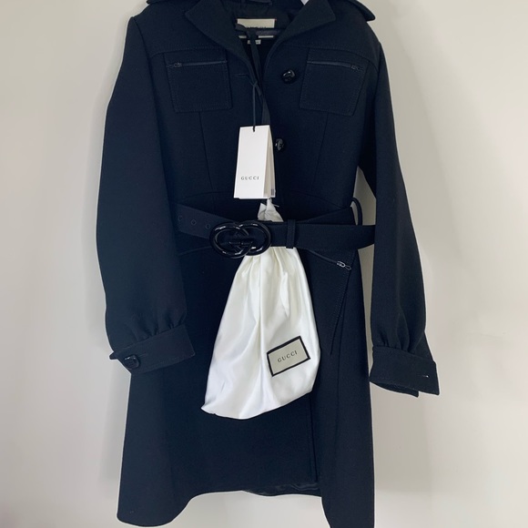 GUCCI black wool jacket large logo belt button down cuff long coat Luxury NWT - Picture 6 of 14